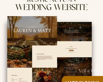 May include: A website design with a rustic autumn wedding theme. The design features images of an outdoor ceremony, reception details, and a floral bouquet. Text includes "LAUREN & MATT", "REGISTRY", and "MADE IN CANVA".