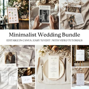 Op de afbeelding: Een verzameling minimalistische trouwbriefpapier, waaronder uitnodigingen, menu's en bewegwijzering. Het ontwerp heeft een strakke, moderne esthetiek met elegante typografie en foto's. De tekst "Minimalist Wedding Bundle" wordt weergegeven.