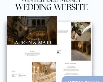 Site Web de mariage d'hiver, modèle de site Web de mariage Old Money, Canva, site Web de mariage entièrement personnalisable, esthétique Old Money, site Web d'une page