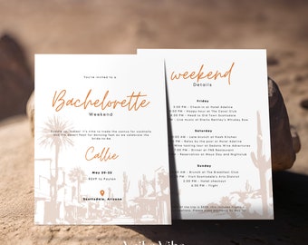 May include: A two-page invitation for a bachelorette weekend in Scottsdale, Arizona. The design features desert landscape illustrations in beige and brown tones. The text includes the bride's name, event details, and a weekend itinerary.