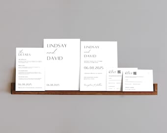 Plantilla de invitación de boda moderna editable en Canva. Conjunto de invitaciones con RSVP y tarjeta de detalles. Suite de boda imprimible. Código QR. Diseño personalizado.