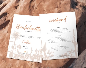 Editable Bachelorette Invitation Template Canva Itinerary Weekend Schedule Card Scottsdale Arizona Girls Trip Desert Party Printable Design