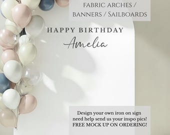 Custom IRON ON VINYL decal for fabric banners Arches and signs / personalised name heat transfer / Happy Birthday fabric stickers