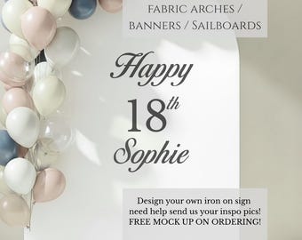 Custom IRON ON VINYL decal for fabric banners Arches and signs / personalised name heat transfer / Happy Birthday fabric stickers