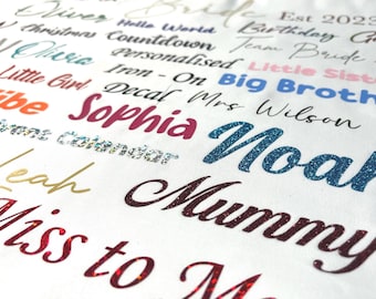 Iron On Name Labels For fabric / HTV Vinyl Transfer stickers /  birthday banner / gift labels