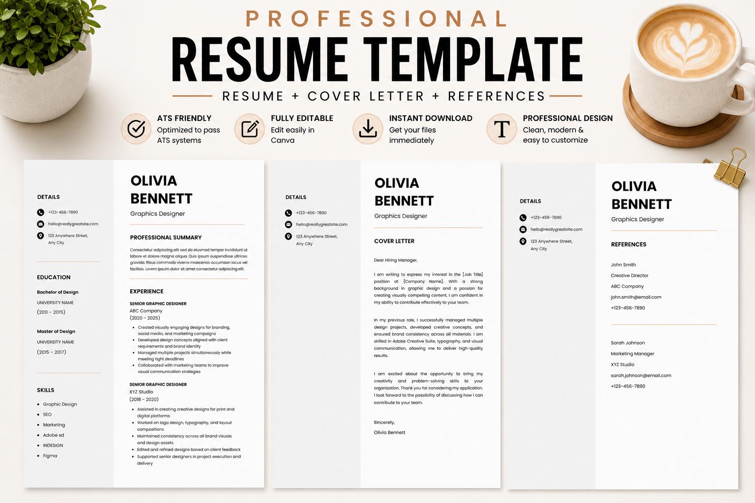 ATS Friendly Resume Template | Canva Editable CV + Cover Letter ...