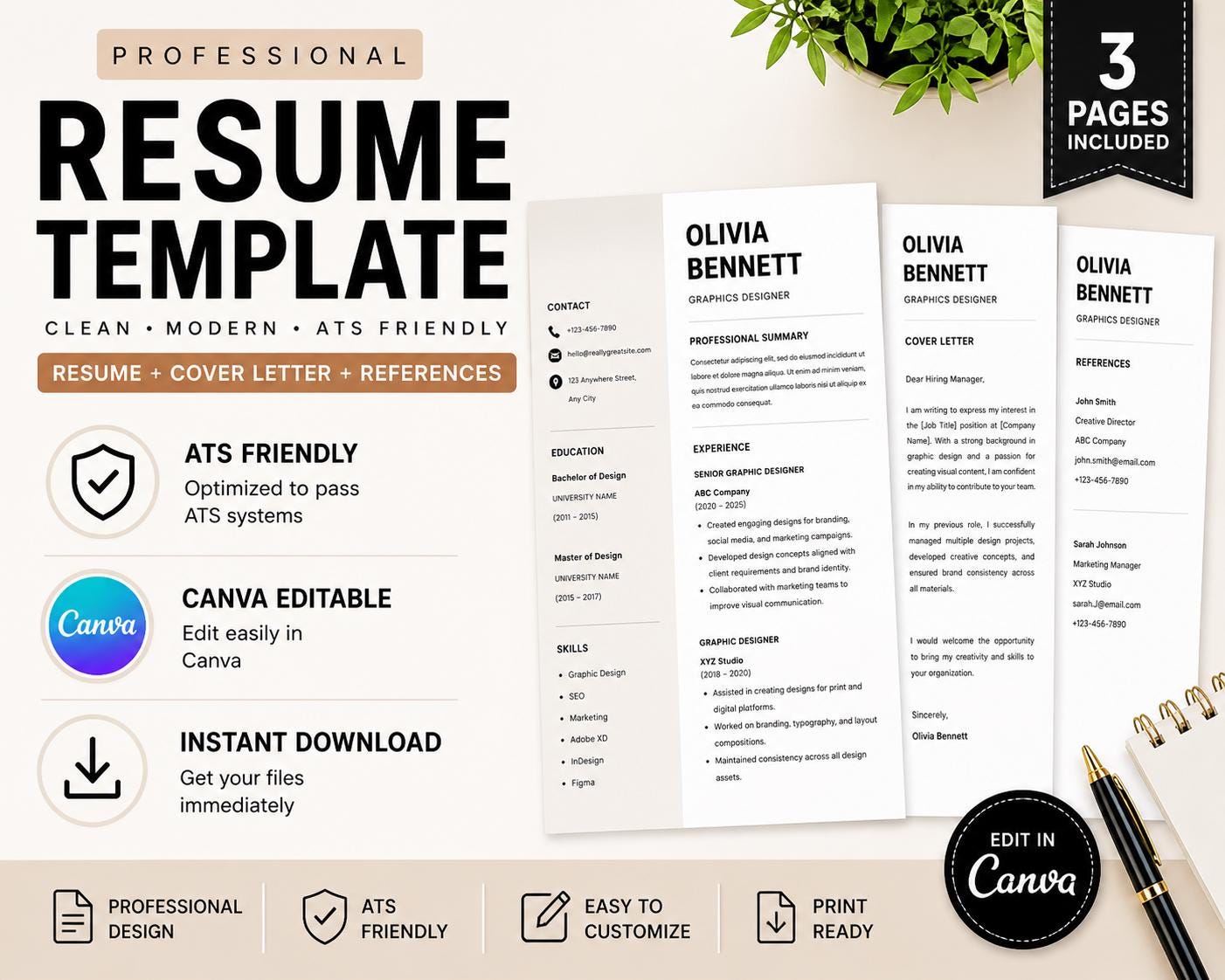 ATS Friendly Resume Template | Canva Editable CV + Cover Letter ...