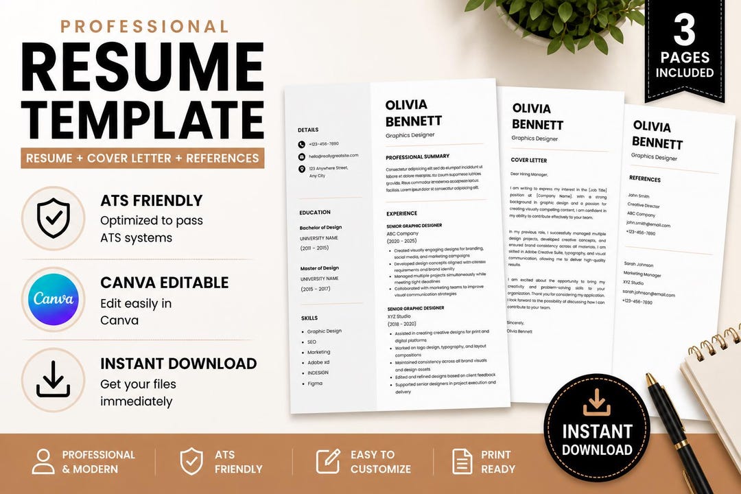 ATS Friendly Resume Template | Canva Editable CV + Cover Letter ...