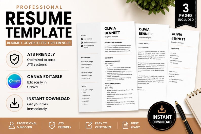 ATS Friendly Resume Template | Canva Editable CV + Cover Letter ...