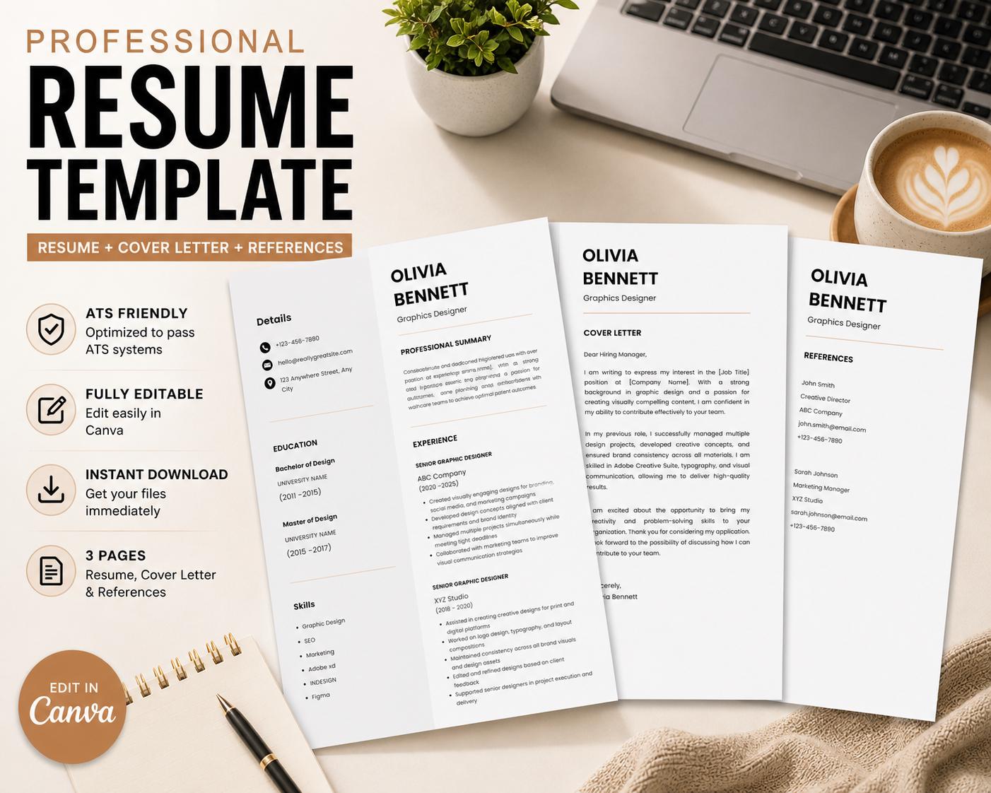 ATS Friendly Resume Template | Canva Editable CV + Cover Letter ...