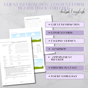 May include: A purple and white printable client consent form for lash extensions. The form includes sections for personal information, allergies, and a signature line. The form also includes a lash map and appointment tracker.