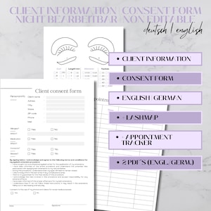 May include: Printable lash extension client information and consent forms, with lash mapping and appointment tracker. The forms are in English and German. The design includes text and diagrams.