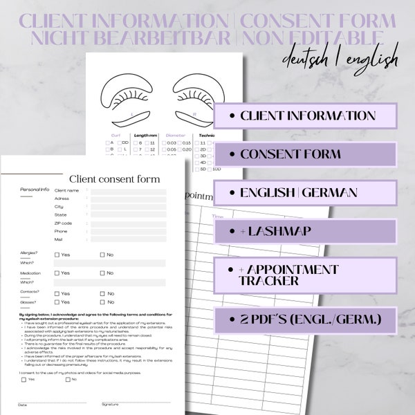 Modulo di consenso per l'estensione delle ciglia | Dichiarazione di consenso | Scheda cliente | mappa delle ciglia | tracker degli appuntamenti | Inglese | tedesco | stampabile