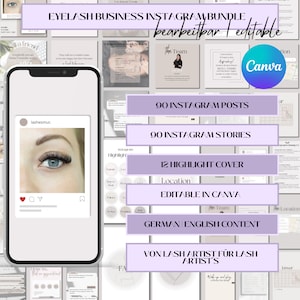 Könnte beinhalten: Ein digitales Marketing-Paket für Wimpern-Unternehmen mit 90 Instagram-Posts, 90 Instagram-Stories, 12 Highlight-Covern und editierbarem Inhalt in Canva. Das Paket beinhaltet deutsche und englische Inhalte und ist für Wimpern-Künstler konzipiert.
