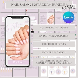 Peut inclure: Un pack marketing numérique pour les salons de manucure, comprenant plus de 80 publications Instagram, plus de 80 stories Instagram, 12 couvertures de surbrillance et du contenu modifiable dans Canva. Le pack comprend une variété d'images et de textes, notamment un gros plan d'une main avec une manucure en gel, une liste de formes d'ongles et un appel à l'action pour réserver maintenant.