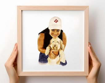 Aangepaste mensen portret huisdier portret met eigenaar aquarel mensen schilderij gepersonaliseerd huisdier portret kerstcadeau honden portret met eigenaar