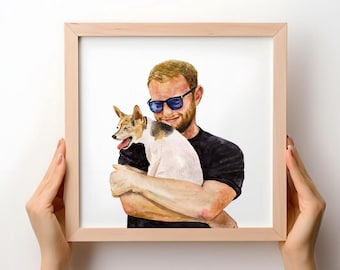 Aangepaste mensenportret Hondenportret met eigenaar Aquarel mensen schilderen Gepersonaliseerd menselijk portret kerstcadeau Hondenportret met eigenaar