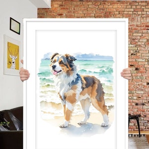 Dipinto ad acquerello personalizzato di un animale domestico sulla spiaggia, dipinto personalizzato di un cane, dipinto commemorativo di un cane, dipinto da una foto, ritratto di un animale domestico, cane in spiaggia
