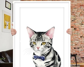 Op maat gemaakt aquarel kattenportret: handgeschilderd kattenschilderij, huisdierherdenking