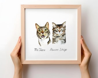 Custom Two Pet Portrait Two Mini Cat Portrait Multi Pet Portrait Christmas Gift Painting of 2 Cats Portrait Pet Memorial Gift Watercolor Pet