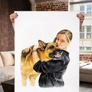 Custom Pet and Owner Portrait, Custom People Portrait, Watercolor Pet Paintings with Owner, Christmas Gift, Human Portrait, Pet Lover Gift