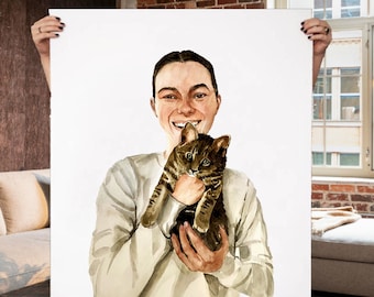 Retrato personalizado de mascota y dueño en acuarela, regalo pintado a mano