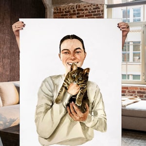 Custom People Portrait, Dog Portrait with Owner, Watercolor Pet Paintings with Owner, Christmas Gift, Human Portrait, Pet Lover Gift