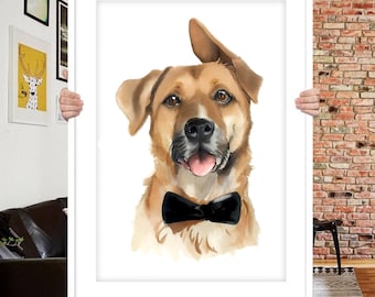 May include: Watercolor portrait of a dog wearing a black bow tie. The dog has tan fur, brown eyes, and a pink tongue. The artwork is framed in a white border.