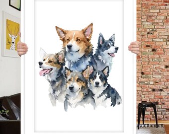Custom Watercolor Pet Portrait: Multiple Pets Painting, Hand-Painted