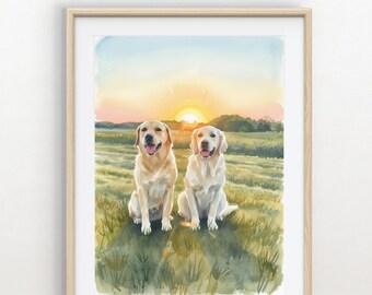 Two Pet Portrait, Watercolor Multi Dog Painting, Custom Dog Memorial Art