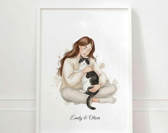 Hand-Painted Watercolor Pet and Owner Portrait from Photo, Line Art Painting