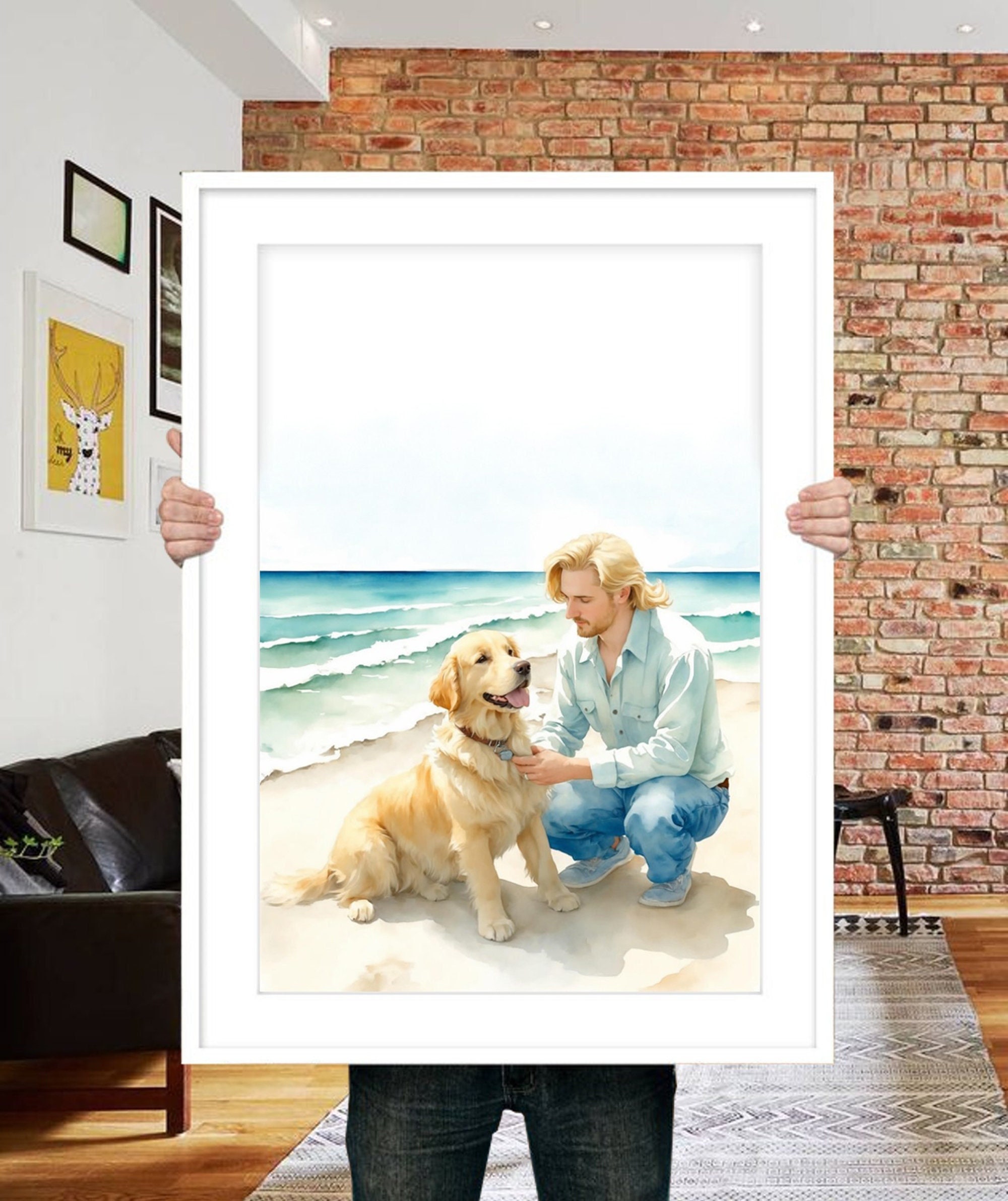 Aangepaste aquarel portret hond en eigenaar: handgeschilderd huisdiermonument
