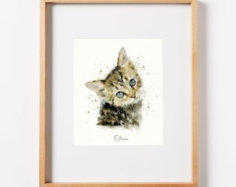 Miniatura de retrato de gato, pintura de gato feita à mão, arte memorial para animais de estimação