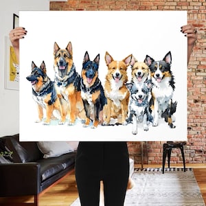 May include: A watercolor illustration featuring seven dogs of various breeds and colors, including German Shepherds, a Corgi, and a blue heeler, all sitting together in a row against a plain white background, rendered with visible brushstrokes.