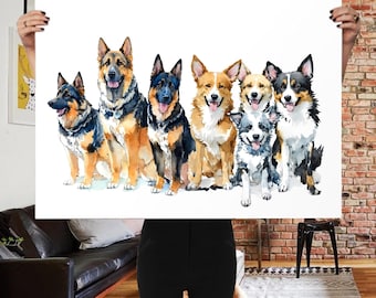 Custom Watercolor Seven Pet Portrait - Group Dog Painting