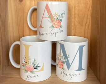 Mug Lettre Prénom personnalisé - Mug personnalisable Lettre Fleurie et Prénom - Mug cadeau anniversaire