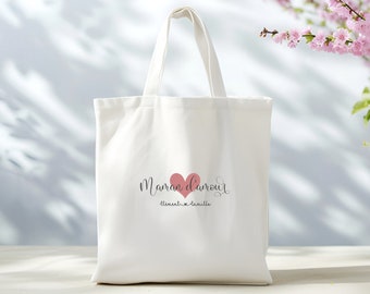 Tote bag fête des mères - sac shopping personnalisé Maman - Tote bag  personnalisable coeur message - Cabas Maman cœur prénoms enfants