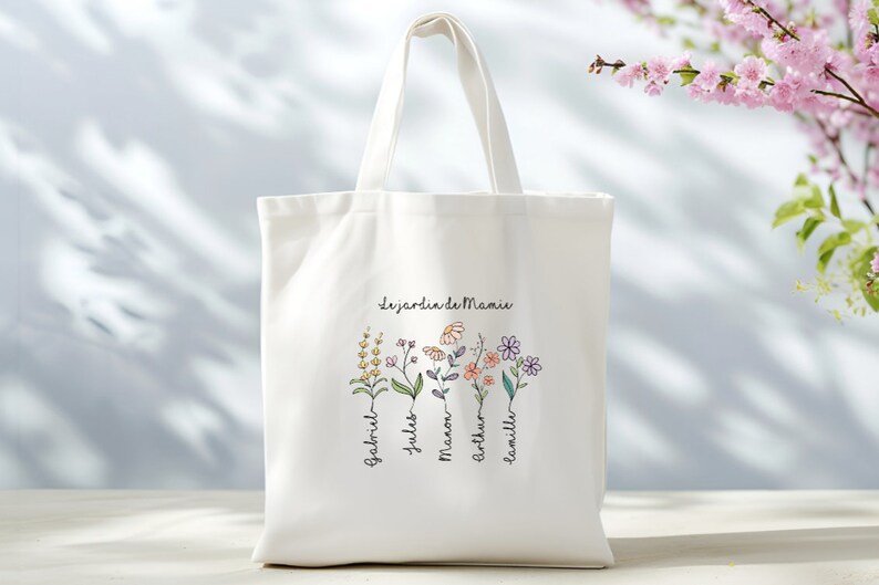 Grandmother's Day tote bag Personalized shopping bag Grandma's customizable garden tote bag Personalized little children's flower bag image 2
