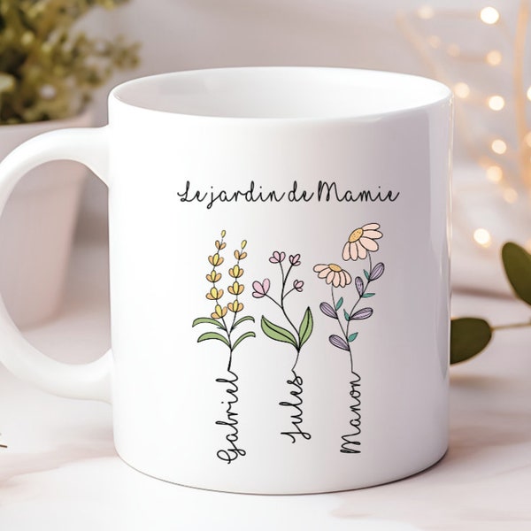 Mug fête des grands mères - Mug personnalisé jardin de Mamie - Mug fleurs personnalisable - Mug grand mère - Mug prénoms petits enfants