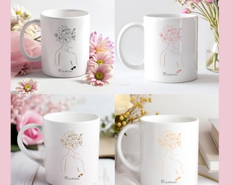 Mug fête des mères - Mug personnalisé Maman - Mug silhouette fleurs personnalisable - Mug dessin maman fleuri - Mug cadeau anniversaire