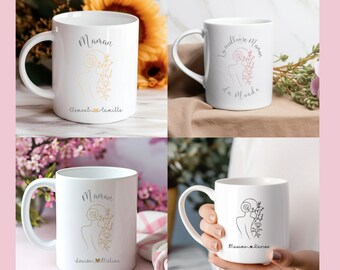 Mug fête des mères - Mug personnalisé Maman - Mug silhouette fleurs personnalisable - Mug dessin maman fleuri - Mug femme prénoms enfants