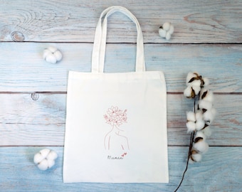 Tote bag fête des mères - sac shopping personnalisé Maman - Tote bag silhouette fleurs personnalisable - Cabas dessin maman fleuri