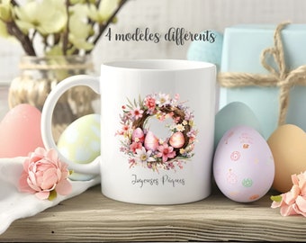 Mug Pâques - Mug personnalisé couronne Pâques - Mug Pâques personnalisable - Mug Lapin Pâques - Mug couronne fleurs Œufs de Pâques