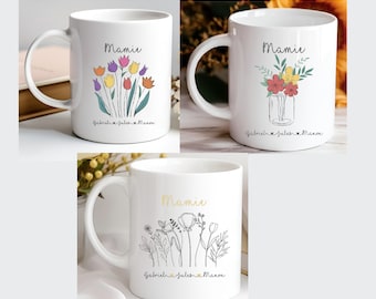 Mug fête des grands mères - Mug personnalisé Mamie - Mug bouquet personnalisable - Mug grand mère - Mug prénoms petits enfants - Mug bouquet