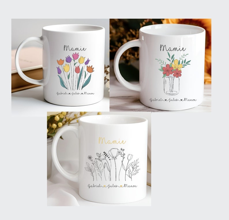 Mug fête des grands mères Mug personnalisé Mamie Mug bouquet personnalisable Mug grand mère Mug prénoms petits enfants Mug bouquet image 1