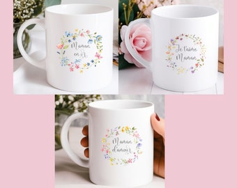 Mug fête des mères - Mug personnalisé je t’aime Maman - Mug couronne fleurs personnalisable - Mug couronne d’amour - Mug message Maman en or