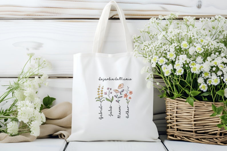 Tote bag fête des grands mères Sac shopping personnalisé Tote Bag jardin personnalisable Mamie Sac personnalisé fleurs petits enfants image 1