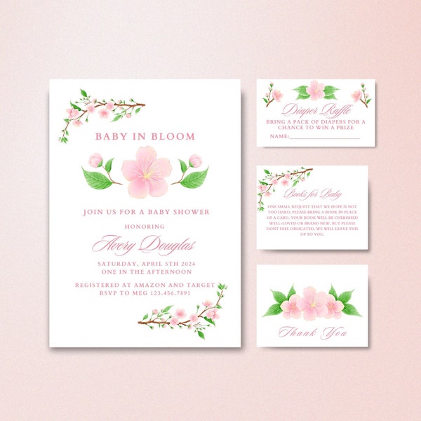 Spring Baby Shower Invitation | Pink Cherry Blossom Invite | Baby Girl Digital Invitations | Printable Invites Home Printing Cards Bundle