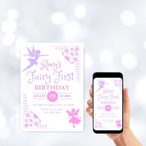 Modello modificabile di invito per il primo compleanno di fata, invito per il primo compleanno di ragazze, invito alla festa in giardino incantato magico, download digitale istantaneo
