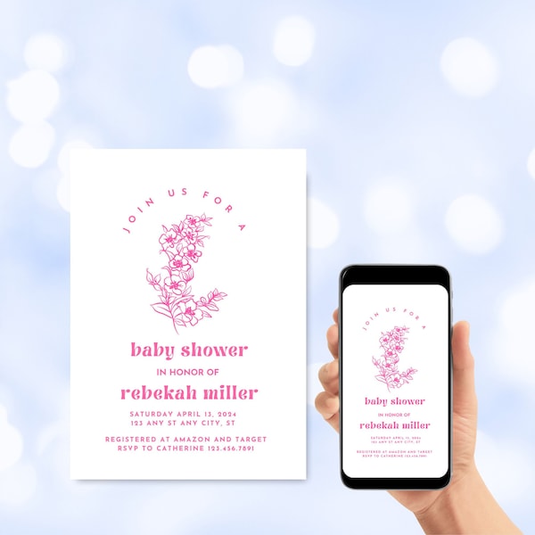 Roze Japanse kersenbloesem baby shower uitnodiging, lente bloem Evite, digitale download, bewerkbare aangepaste sjabloon, Sakura tekst uitnodigen